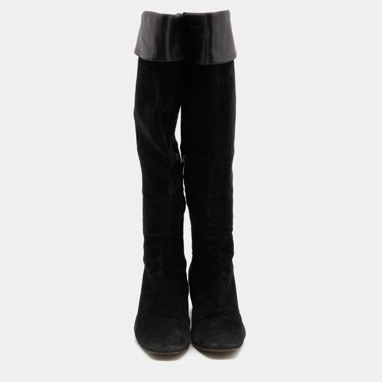 Pre Owned Gianvito Rossi Black Suede and Leather Knee Length Boots Size 38.5