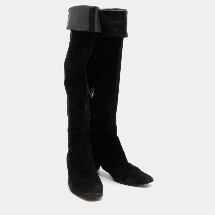 Pre Owned Gianvito Rossi Black Suede and Leather Knee Length Boots Size 38.5