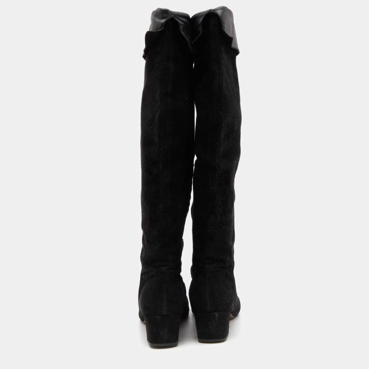 Pre Owned Gianvito Rossi Black Suede and Leather Knee Length Boots Size 38.5