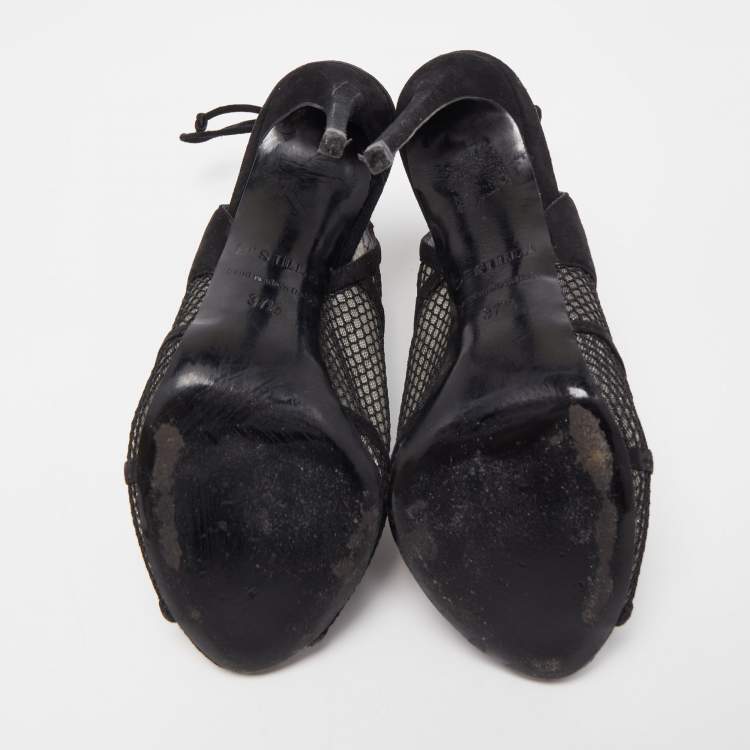 Pre Owned Gianvito Rossi Black Suede and Mesh Peep Toe Ankle Sandals Size 37.5