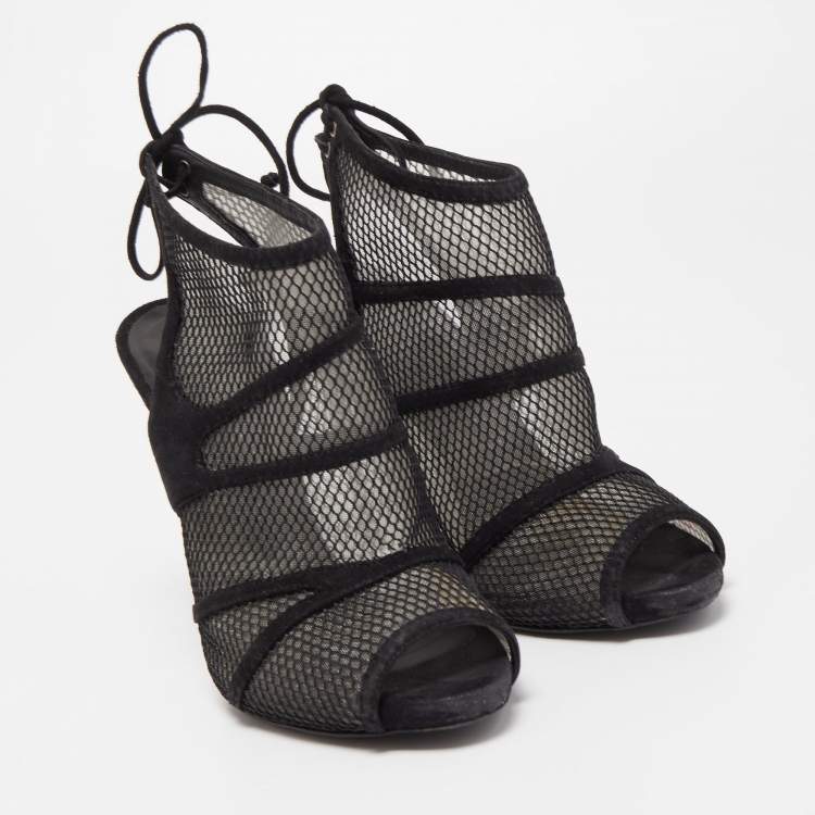 Pre Owned Gianvito Rossi Black Suede and Mesh Peep Toe Ankle Sandals Size 37.5