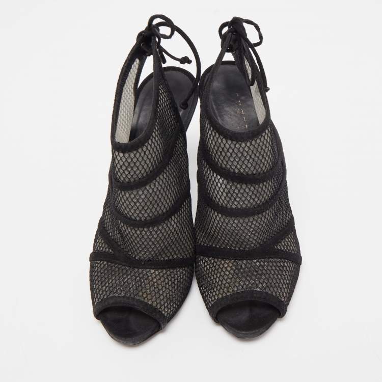 Pre Owned Gianvito Rossi Black Suede and Mesh Peep Toe Ankle Sandals Size 37.5