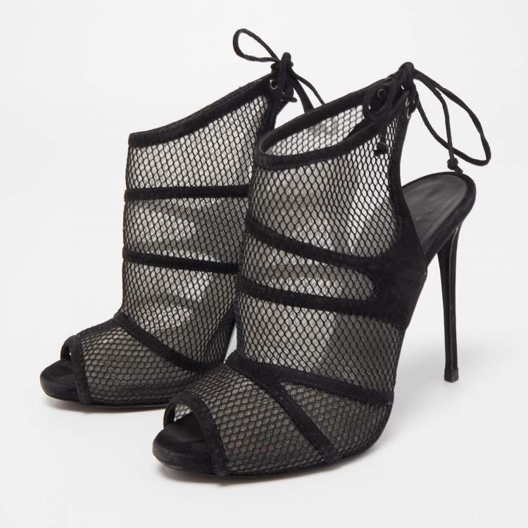 Pre Owned Gianvito Rossi Black Suede and Mesh Peep Toe Ankle Sandals Size 37.5