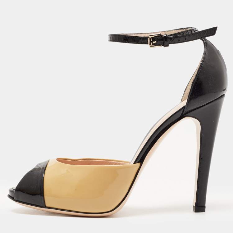Pre Owned Gianvito Rossi Black/Beige Patent Leather Peep Toe Ankle Strap Pumps Size 38.5