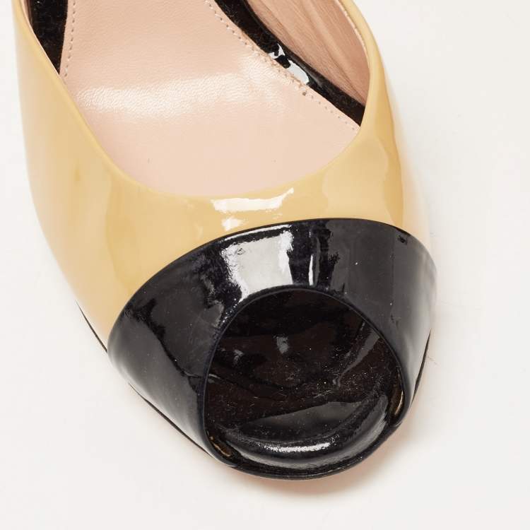 Pre Owned Gianvito Rossi Black/Beige Patent Leather Peep Toe Ankle Strap Pumps Size 38.5