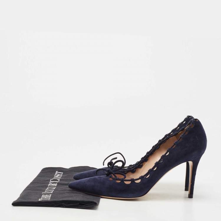 Pre Owned Gianvito Rossi Blue Suede Lace Bow Pointed Toe Pumps Size 39
