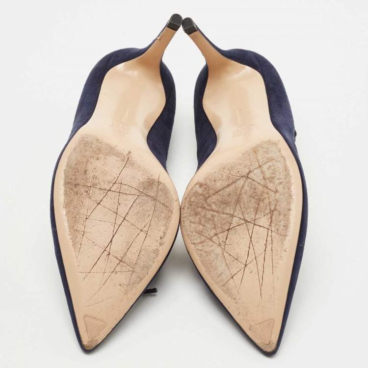 Pre Owned Gianvito Rossi Blue Suede Lace Bow Pointed Toe Pumps Size 39