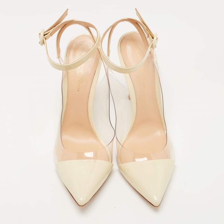Pre Owned Gianvito Rossi White Patent Leather and PVC Anise Ankle Strap Pumps Size 40