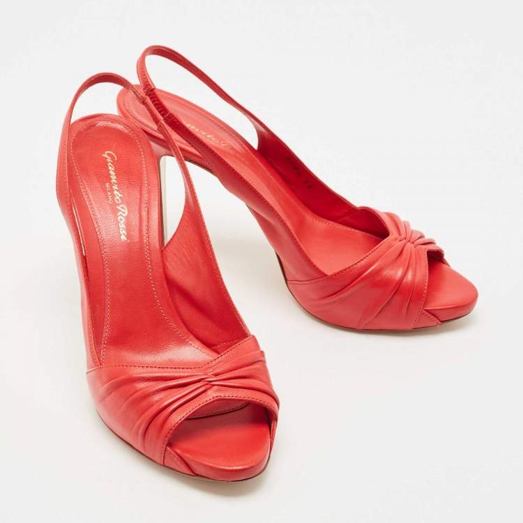 Pre Owned Gianvito Rossi Red Pleated Leather Open Toe Slingback Sandals Size 38