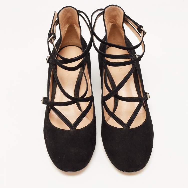 Pre Owned Gianvito Rossi Black Suede Strappy Block Heel Pumps Size 39