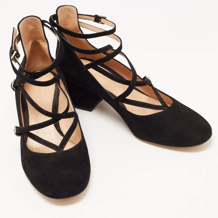 Pre Owned Gianvito Rossi Black Suede Strappy Block Heel Pumps Size 39