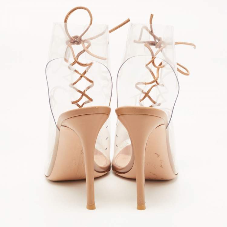 Pre Owned Gianvito Rossi Beige PVC And Leather Helmut Lace Up Boots Size 39.5