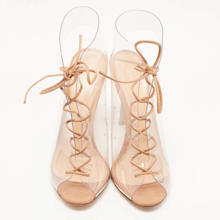 Pre Owned Gianvito Rossi Beige PVC And Leather Helmut Lace Up Boots Size 39.5