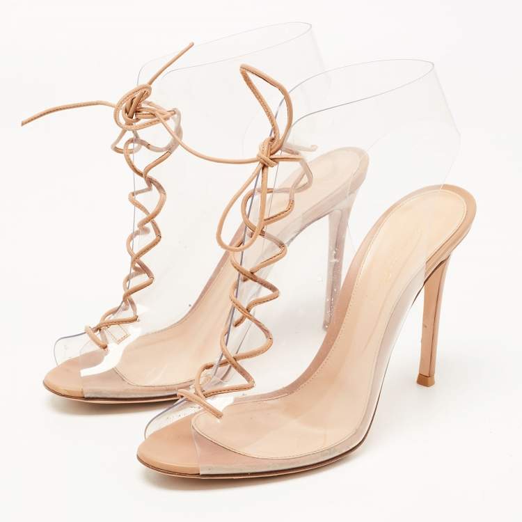 Pre Owned Gianvito Rossi Beige PVC And Leather Helmut Lace Up Boots Size 39.5