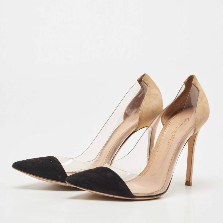 Gianvito Rossi Beige/Black Suede and PVC Plexi Pointed Toe Pumps