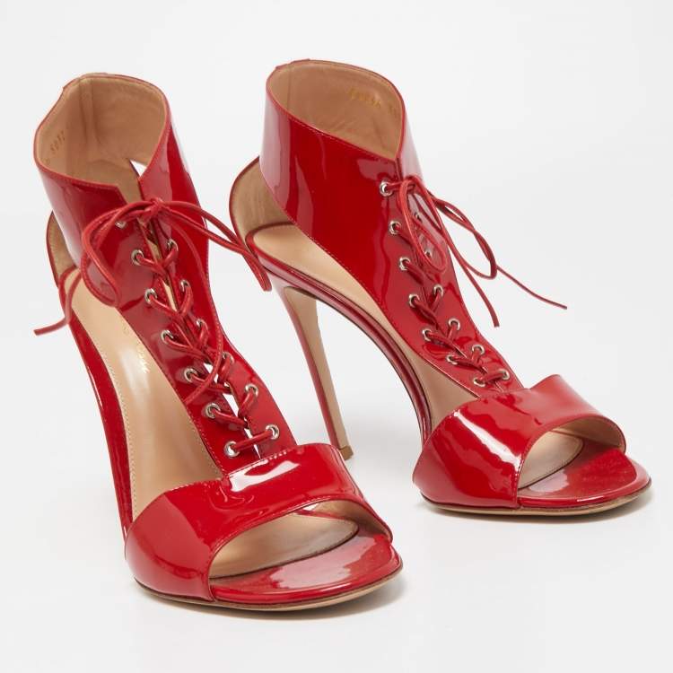 Pre Owned Gianvito Rossi Red Patent Leather T-Strap Lace Up Sandals Size 41