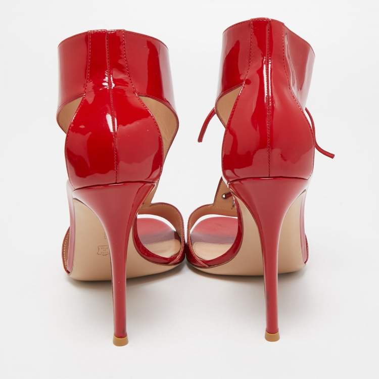 Pre Owned Gianvito Rossi Red Patent Leather T-Strap Lace Up Sandals Size 41