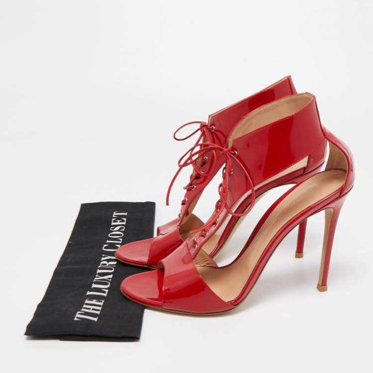 Pre Owned Gianvito Rossi Red Patent Leather T-Strap Lace Up Sandals Size 41