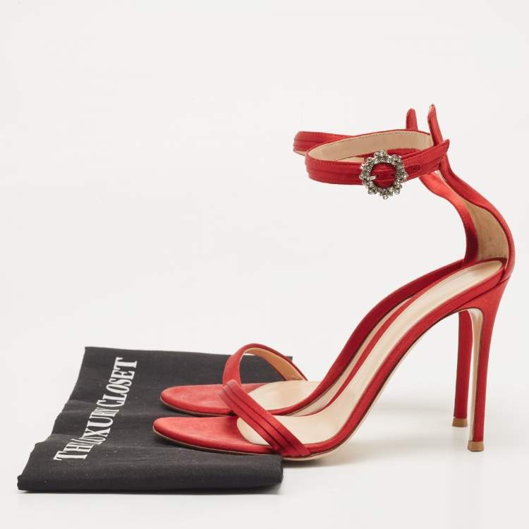 Pre Owned Gianvito Rossi Red Satin Ankle Strap Sandals Size 40