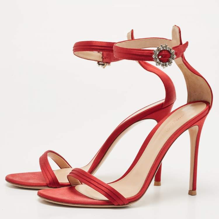 Pre Owned Gianvito Rossi Red Satin Ankle Strap Sandals Size 40