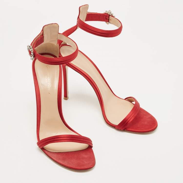 Pre Owned Gianvito Rossi Red Satin Ankle Strap Sandals Size 40