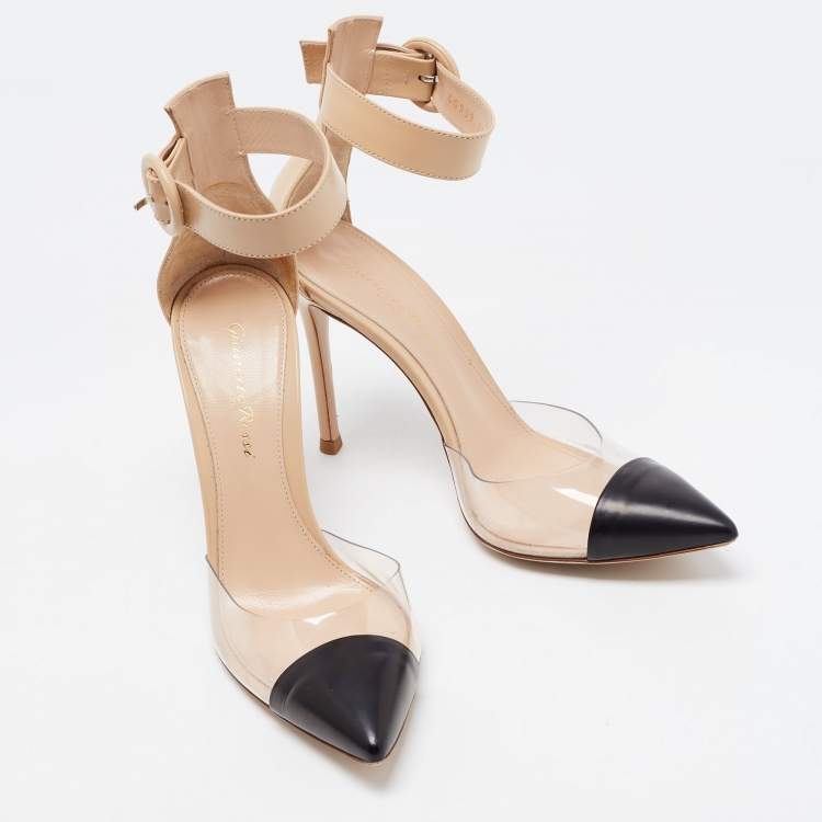 Pre Owned Gianvito Rossi Beige/Black Leather and PVC Ankle Strap Pumps Size 36.5