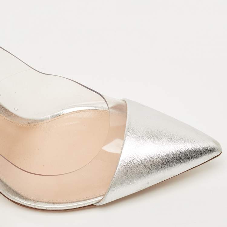 Pre Owned Gianvito Rossi Silver Leather And PVC Plexi Pointed Toe Pumps Size 38