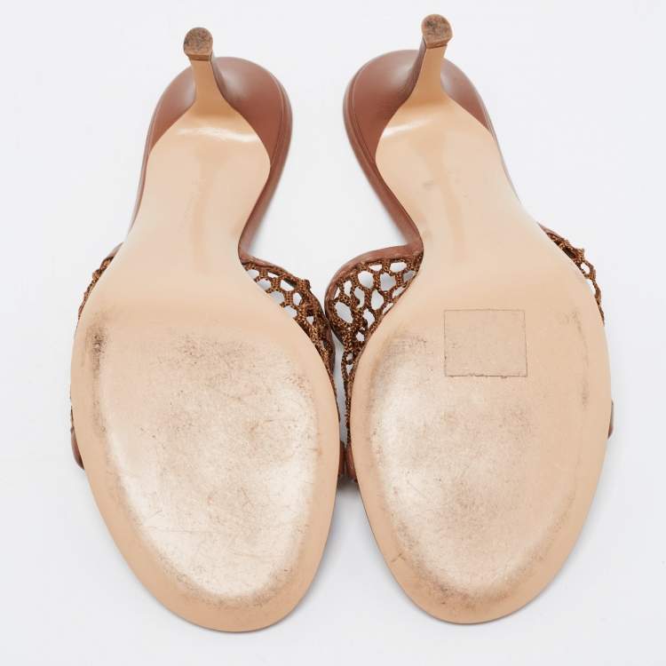 Pre Owned Gianvito Rossi Brown Leather and Mesh Slide Sandals Size 38
