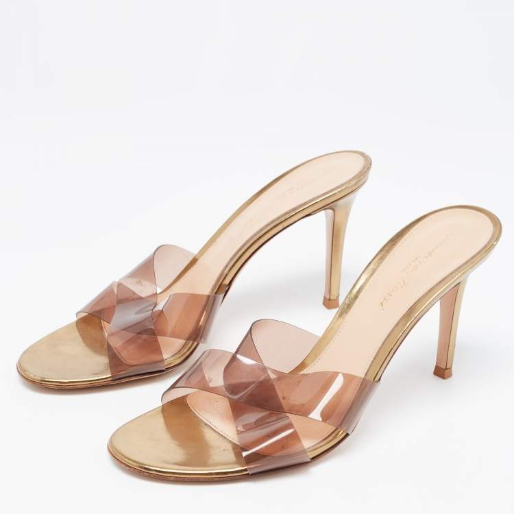 Pre Owned Gianvito Rossi Gold PVC and Leather Slide Sandals Size 38.5