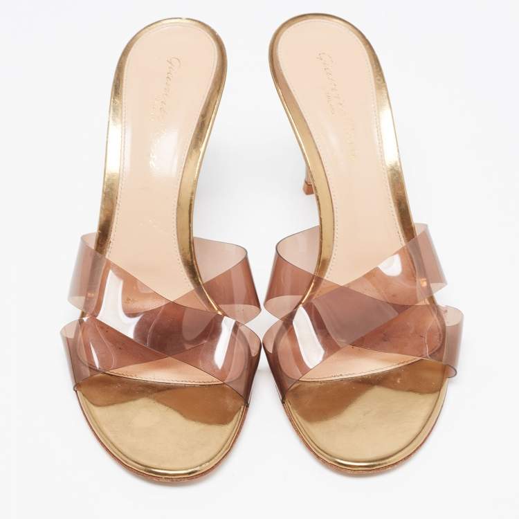 Pre Owned Gianvito Rossi Gold PVC and Leather Slide Sandals Size 38.5