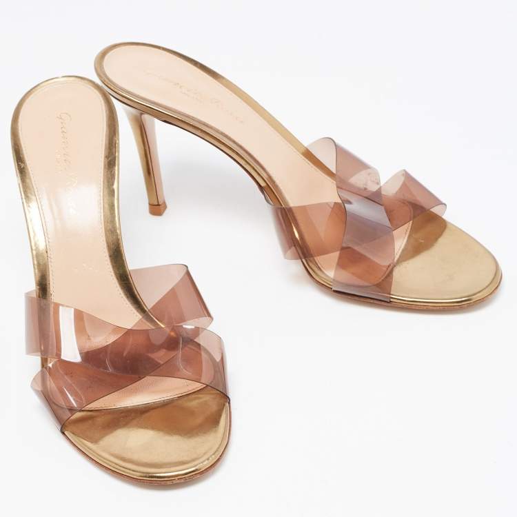 Pre Owned Gianvito Rossi Gold PVC and Leather Slide Sandals Size 38.5