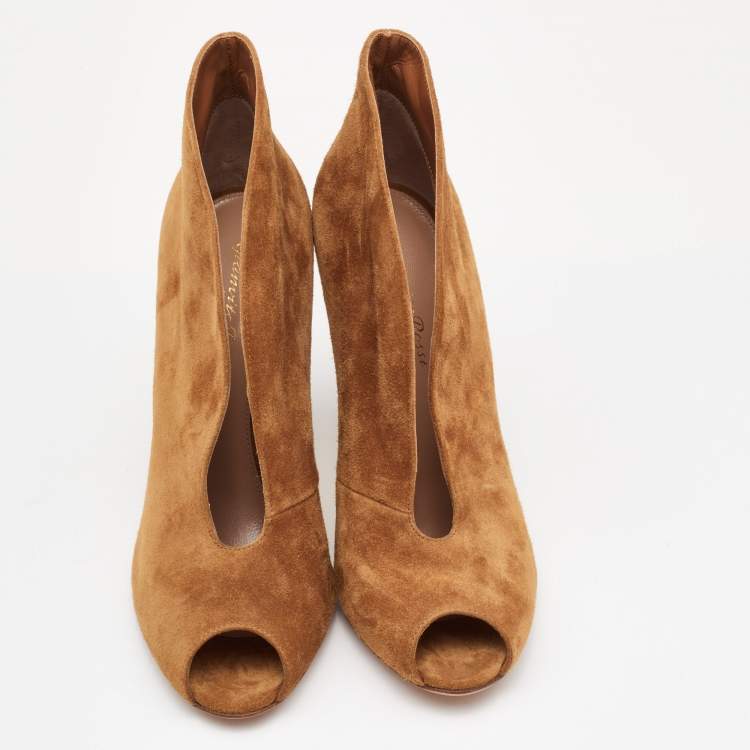Pre Owned Gianvito Rossi Brown Suede Vamp Peep Toe Booties Size 38