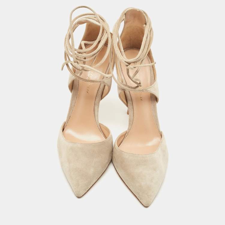 Pre Owned Gianvito Rossi Beige Suede Ankle Wrap Pointed Toe Pumps Size 37.5