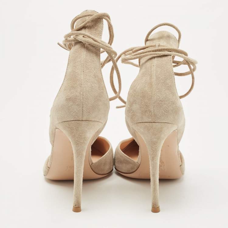 Pre Owned Gianvito Rossi Beige Suede Ankle Wrap Pointed Toe Pumps Size 37.5