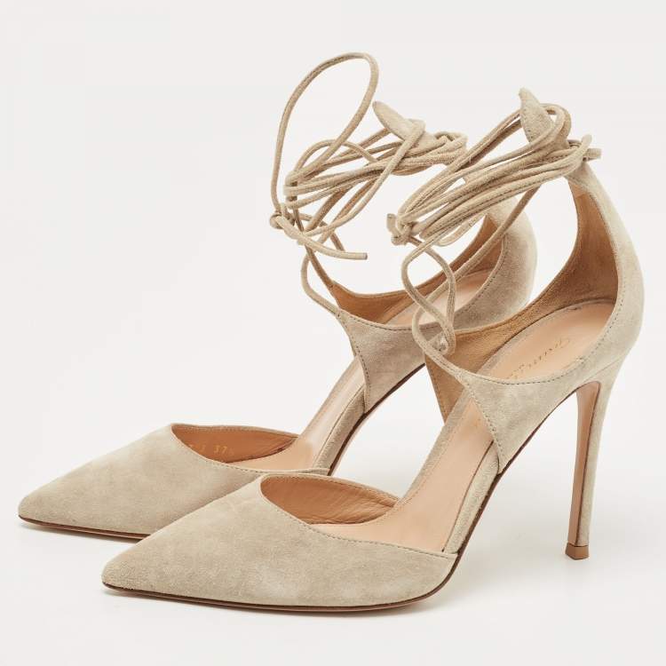 Pre Owned Gianvito Rossi Beige Suede Ankle Wrap Pointed Toe Pumps Size 37.5