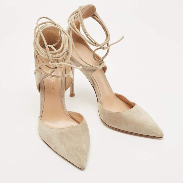 Pre Owned Gianvito Rossi Beige Suede Ankle Wrap Pointed Toe Pumps Size 37.5