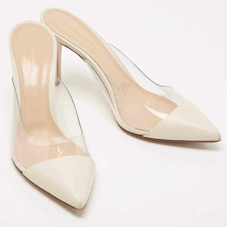 Pre Owned Gianvito Rossi White Leather and PVC Plexi Mules Size 39.5