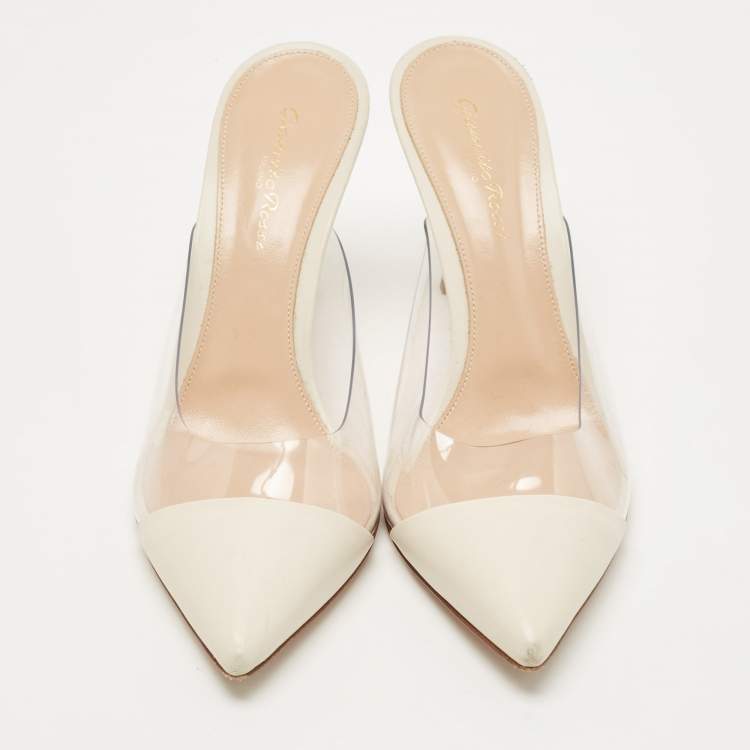 Pre Owned Gianvito Rossi White Leather and PVC Plexi Mules Size 39.5