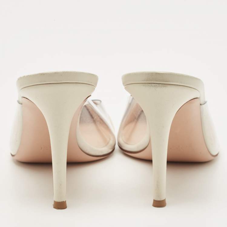 Pre Owned Gianvito Rossi White Leather and PVC Plexi Mules Size 39.5