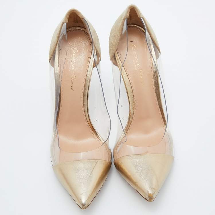 Pre Owned Gianvito Rossi Gold Leather, Suede and PVC Plexi Pumps Size 39