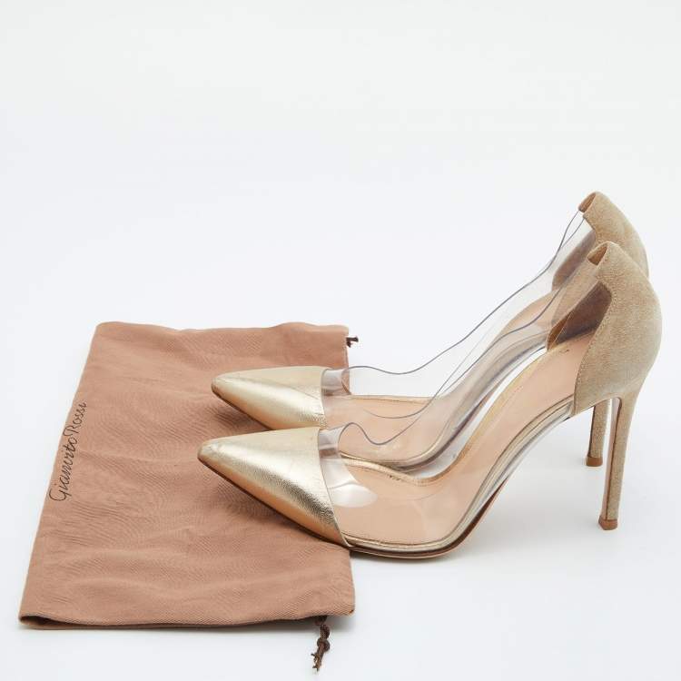 Pre Owned Gianvito Rossi Gold Leather, Suede and PVC Plexi Pumps Size 39