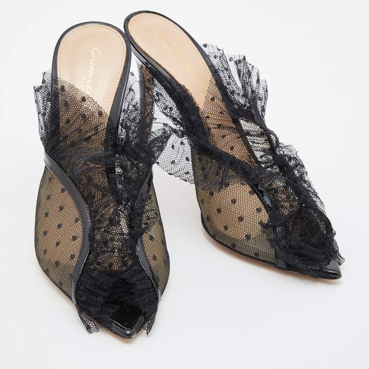 Pre Owned Gianvito Rossi Black Lace, Mesh and Patent Leather Mule Sandals Size 35