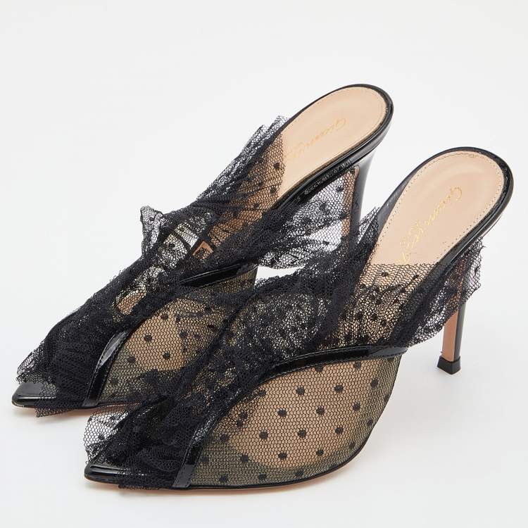 Gianvito Rossi Black Lace, Mesh and Patent Leather Mule Sandals