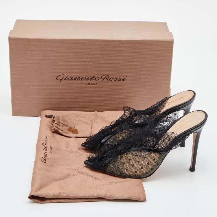 Pre Owned Gianvito Rossi Black Lace, Mesh and Patent Leather Mule Sandals Size 35