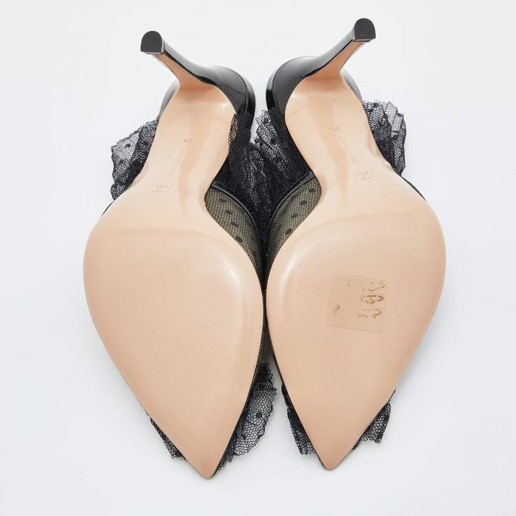 Pre Owned Gianvito Rossi Black Lace, Mesh and Patent Leather Mule Sandals Size 35