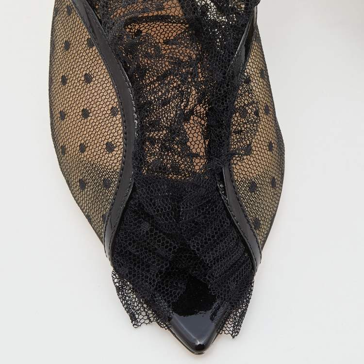 Pre Owned Gianvito Rossi Black Lace, Mesh and Patent Leather Mule Sandals Size 35