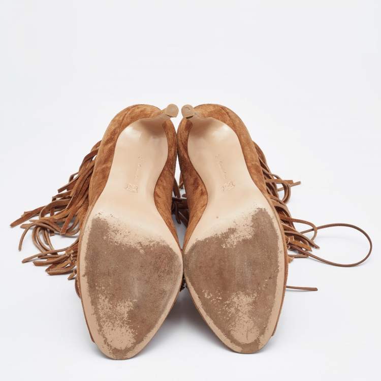 Pre Owned Gianvito Rossi Tan Suede Fringe Lace Up Ankle Booties Size 39
