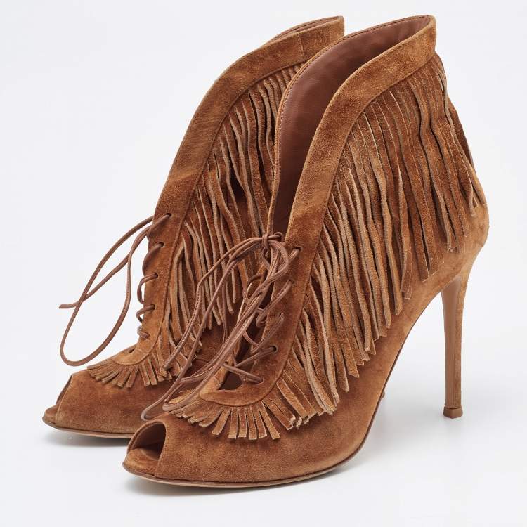 Pre Owned Gianvito Rossi Tan Suede Fringe Lace Up Ankle Booties Size 39