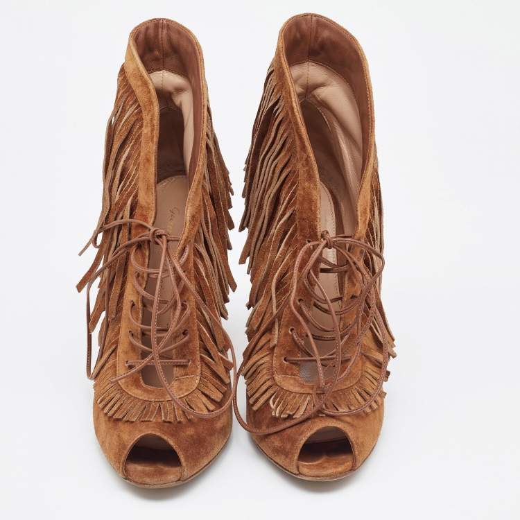 Pre Owned Gianvito Rossi Tan Suede Fringe Lace Up Ankle Booties Size 39