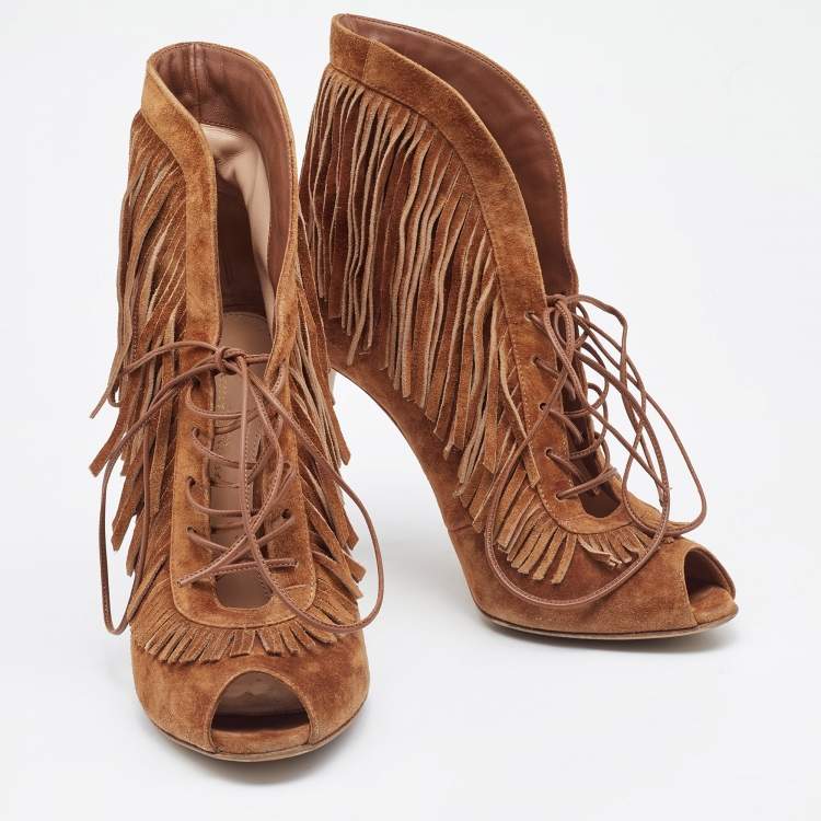 Pre Owned Gianvito Rossi Tan Suede Fringe Lace Up Ankle Booties Size 39